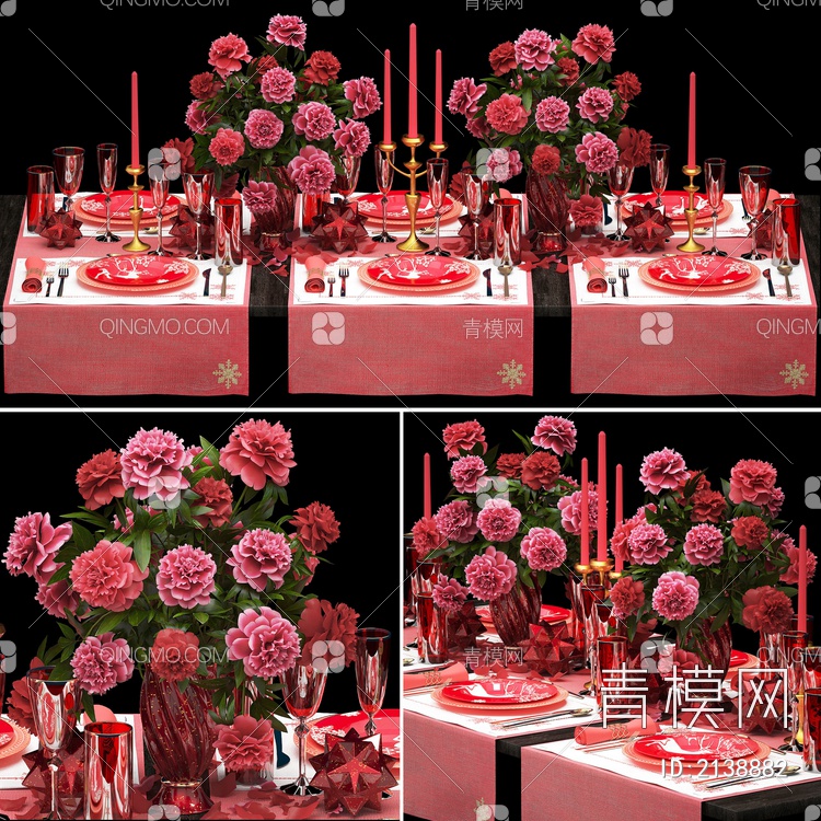 婚宴红色喜庆餐桌装饰布置组合3D模型下载【ID:2138882】