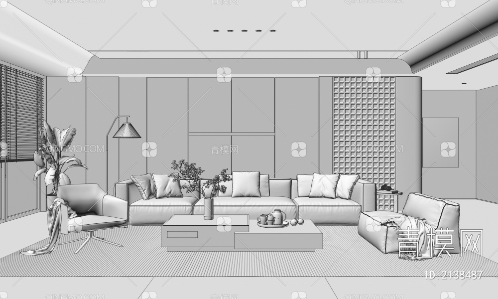 家居客厅 茶几组合 沙发背景墙 落地灯 极简客厅3D模型下载【ID:2138487】