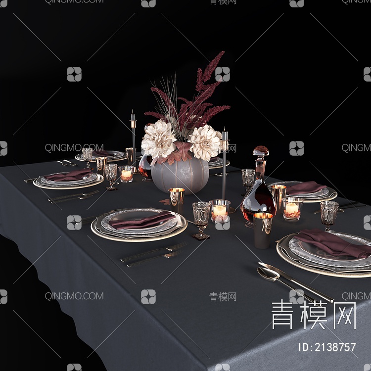 餐桌黑红金色餐具 花艺摆件3D模型下载【ID:2138757】