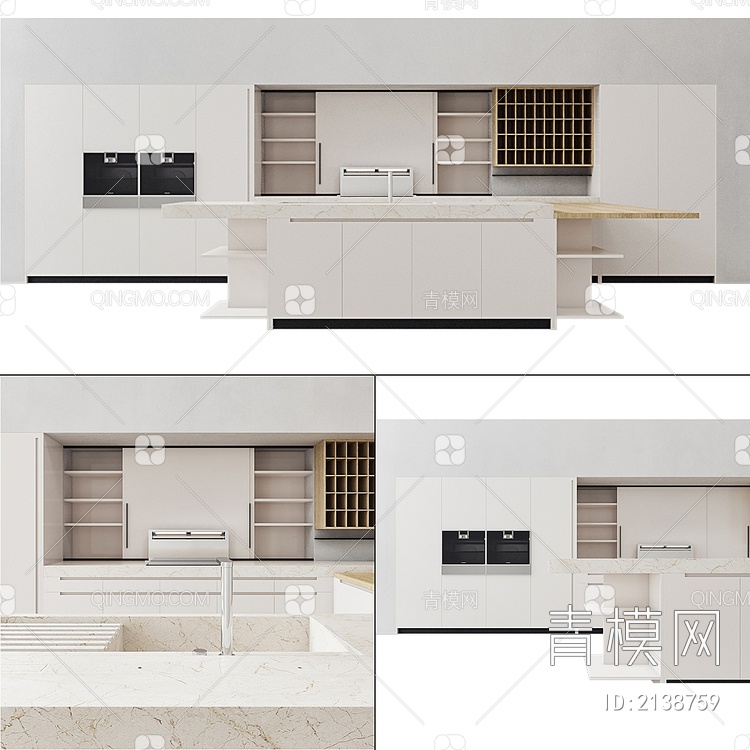 极简干净厨房橱柜中岛台组合3D模型下载【ID:2138759】