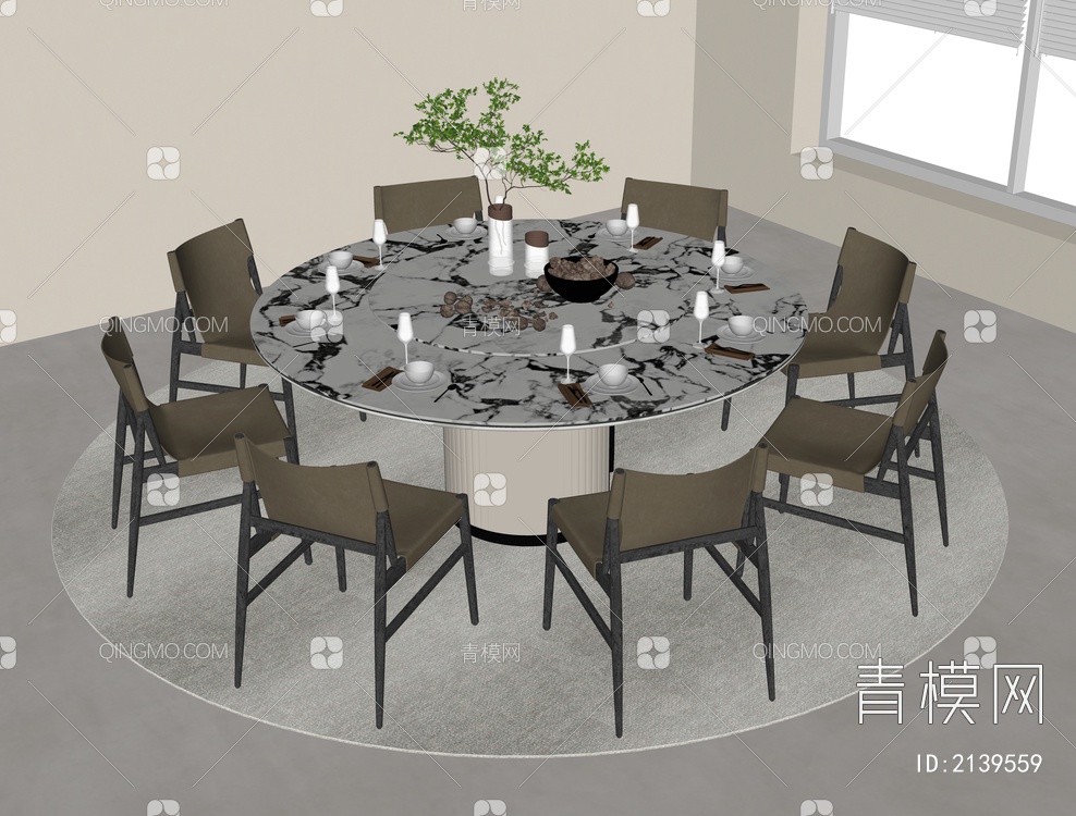 圆形餐桌椅组合SU模型下载【ID:2139559】