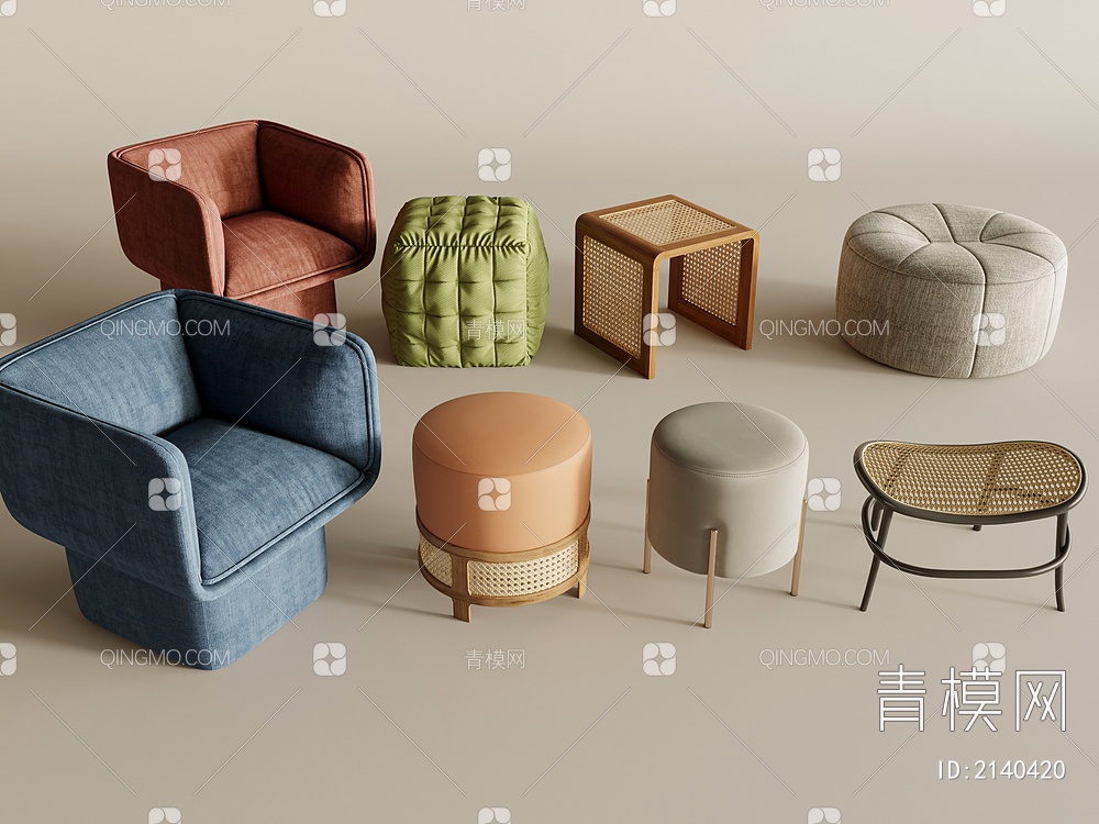 布艺模块沙发 异形沙发 藤编凳 布艺圆凳3D模型下载【ID:2140420】