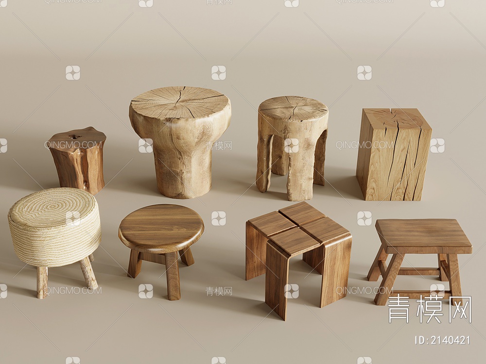 实木凳 圆形木凳 木墩子3D模型下载【ID:2140421】