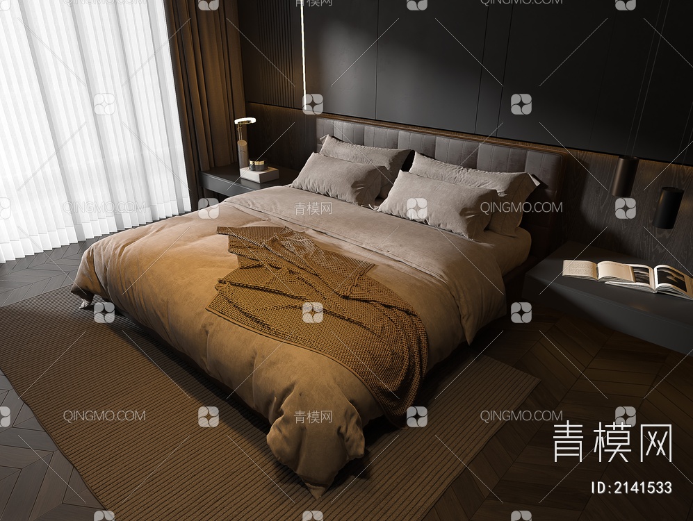 双人床 布艺床 床 卧室 吊灯 双人床 卧室3D模型下载【ID:2141533】