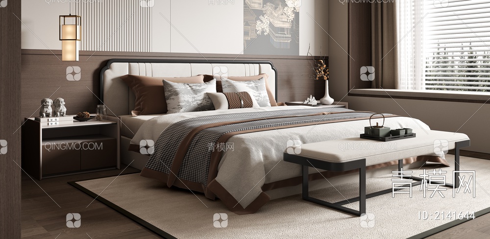 卧室 双人床 床尾凳 床头柜 吊灯 飘窗垫3D模型下载【ID:2141644】