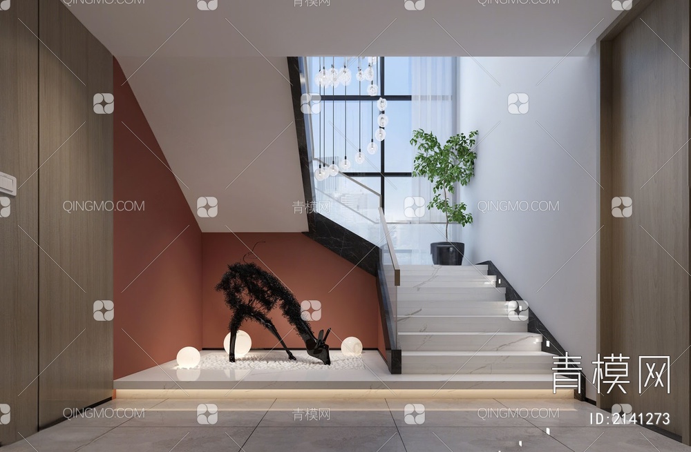 楼梯间 造景 鹿雕塑装置 大理石3D模型下载【ID:2141273】