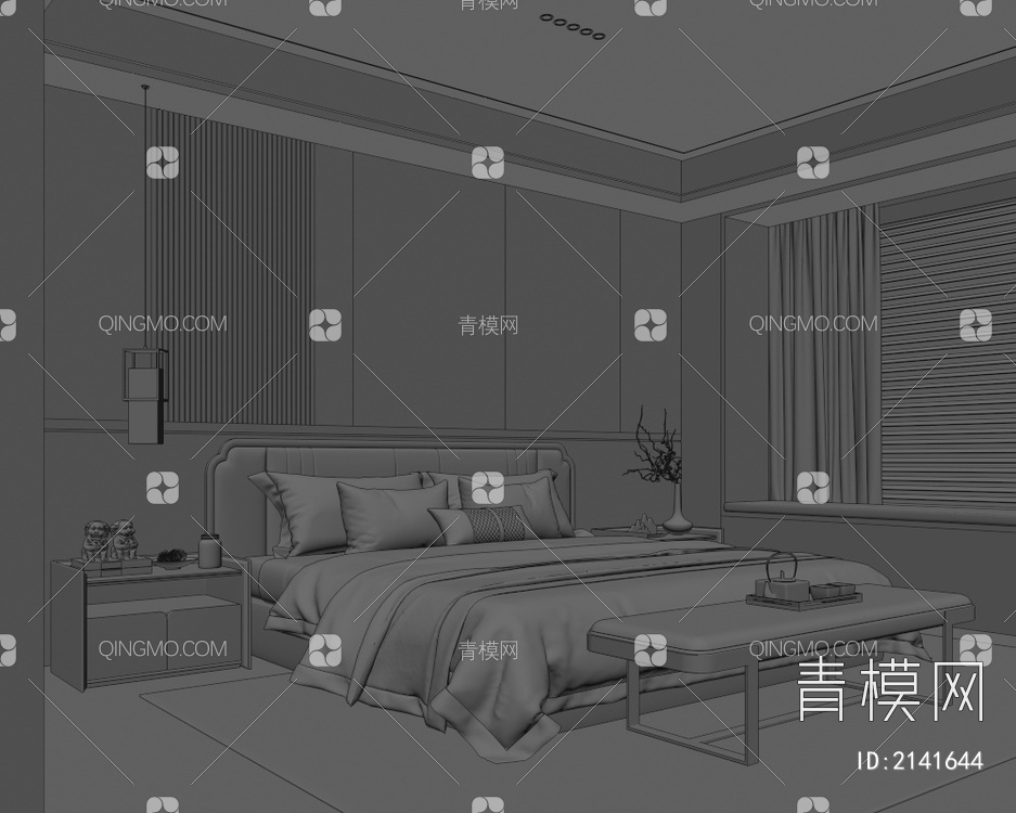 卧室 双人床 床尾凳 床头柜 吊灯 飘窗垫3D模型下载【ID:2141644】