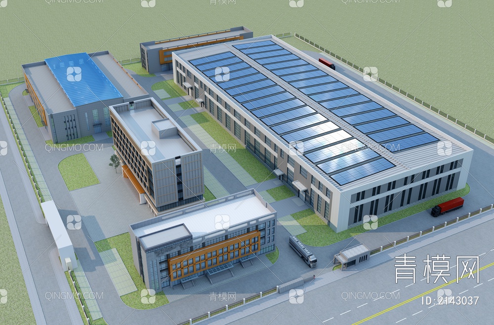 厂房 办公楼 工业厂区 仓库物流园 厂房 鸟瞰3D模型下载【ID:2143037】