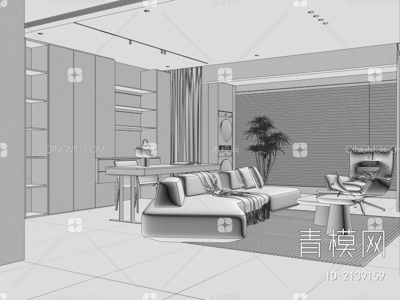客厅 大平层客厅 极简客厅 书柜 客厅书房 意式沙发3D模型下载【ID:2139159】