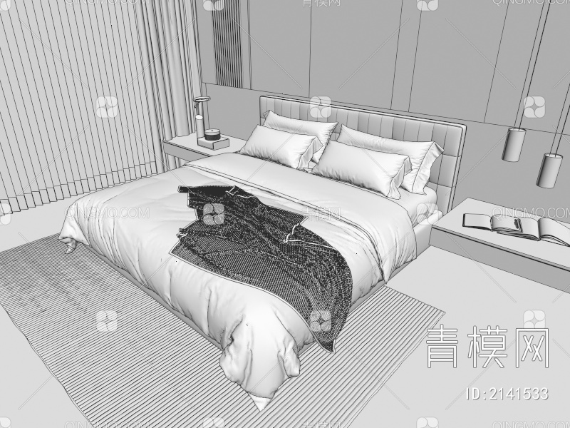 双人床 布艺床 床 卧室 吊灯 双人床 卧室3D模型下载【ID:2141533】