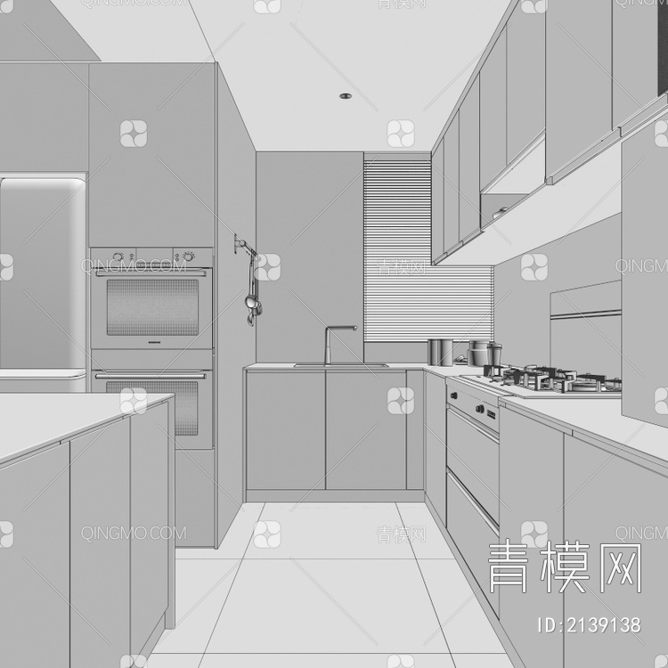 厨房 橱柜 集成灶 烤箱 蒸箱 水槽 奶油风厨房 冰箱3D模型下载【ID:2139138】