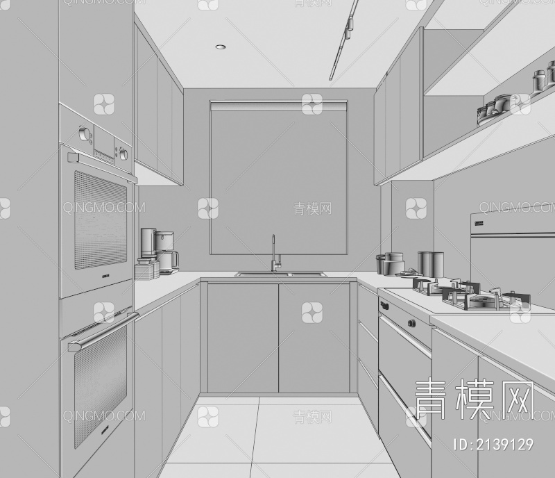 厨房 橱柜 集成灶 烤箱 蒸箱 水槽 奶油风厨房 冰箱3D模型下载【ID:2139129】