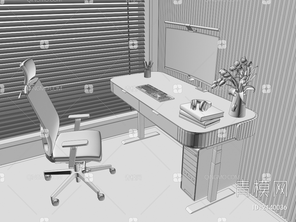 书桌椅组合 台式电脑 花瓶花艺3D模型下载【ID:2140036】