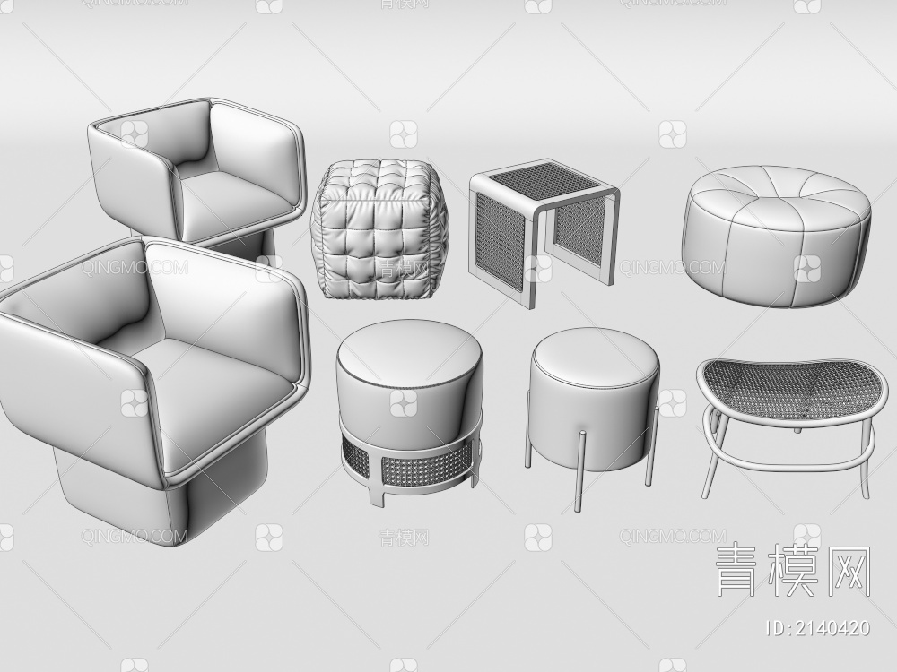 布艺模块沙发 异形沙发 藤编凳 布艺圆凳3D模型下载【ID:2140420】