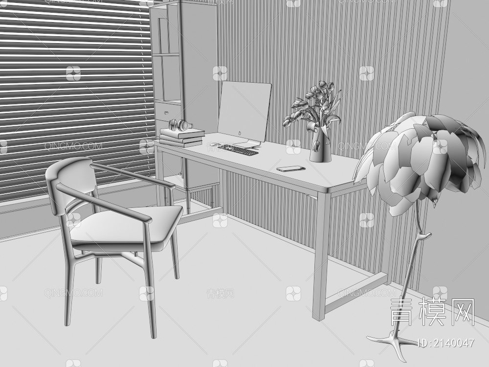 书桌椅组合 花瓶花艺 台式电脑 落地羽毛台灯 中古风书柜3D模型下载【ID:2140047】
