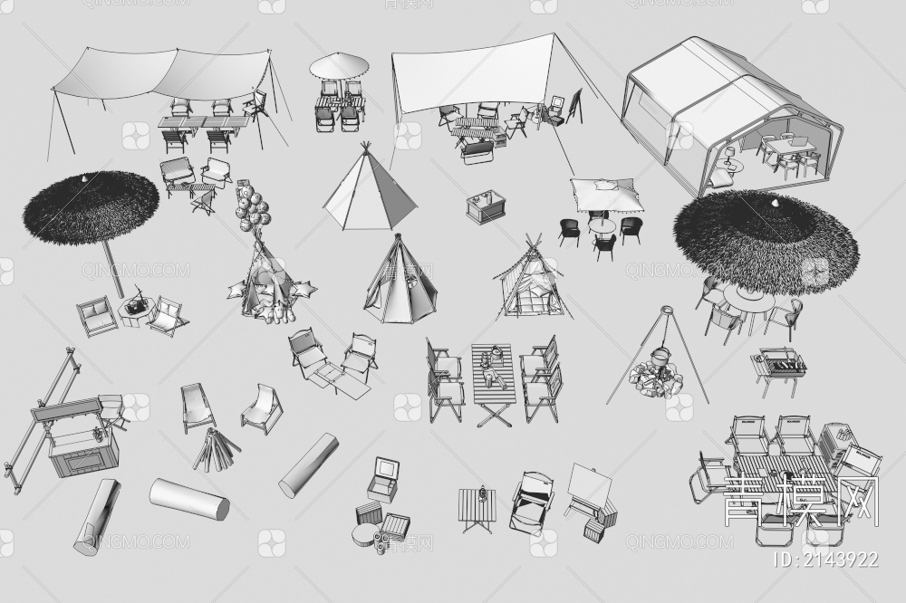 外摆桌椅 帐篷 炉具组合3D模型下载【ID:2143922】