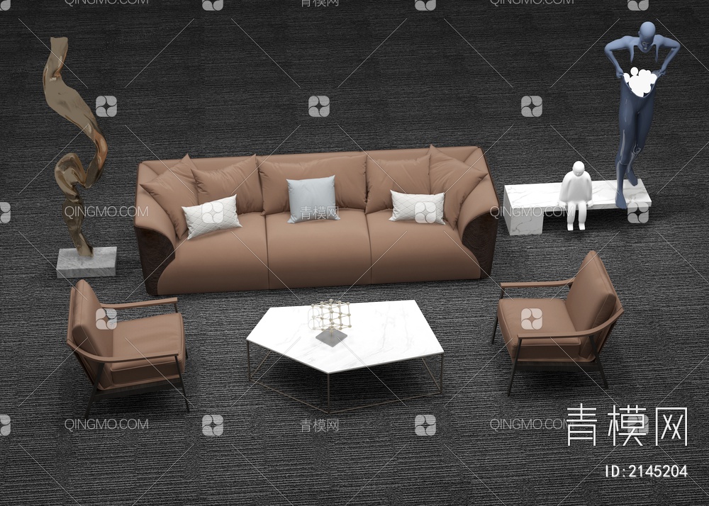 沙发茶几组合  沙发组合  休闲椅  雕塑3D模型下载【ID:2145204】