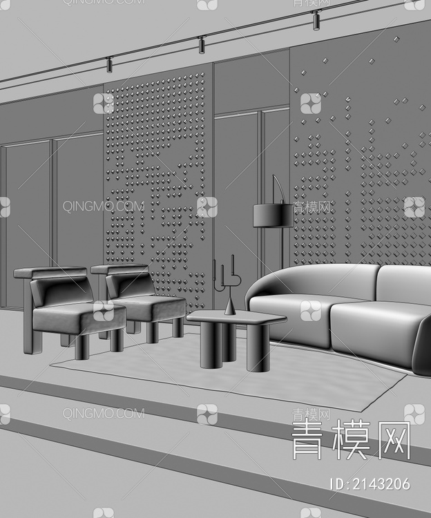 办公室休息区 沙发茶几 单人沙发 落地灯 屏风隔断3D模型下载【ID:2143206】