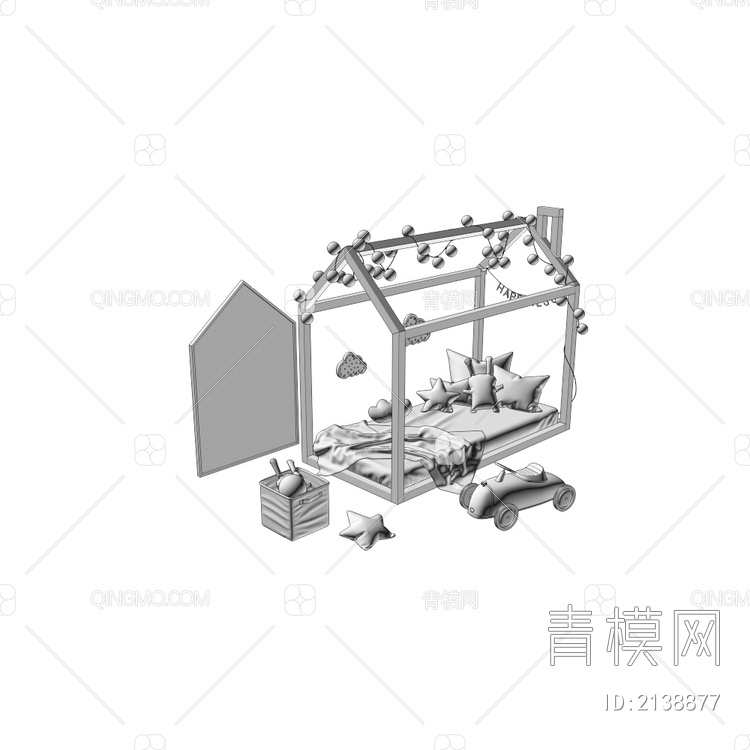 灰绿色儿童床玩具组合3D模型下载【ID:2138877】