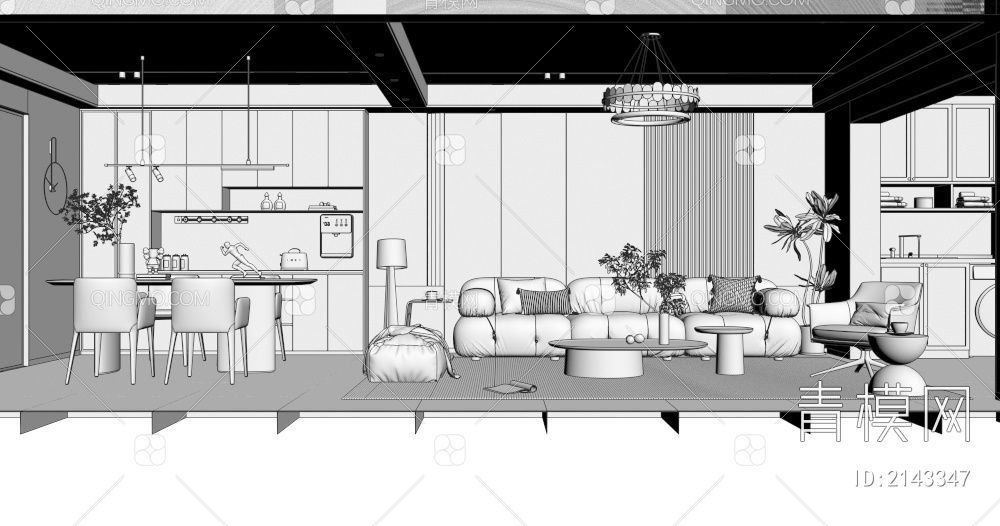 客餐厅 沙发组合 餐桌椅 吊灯3D模型下载【ID:2143347】