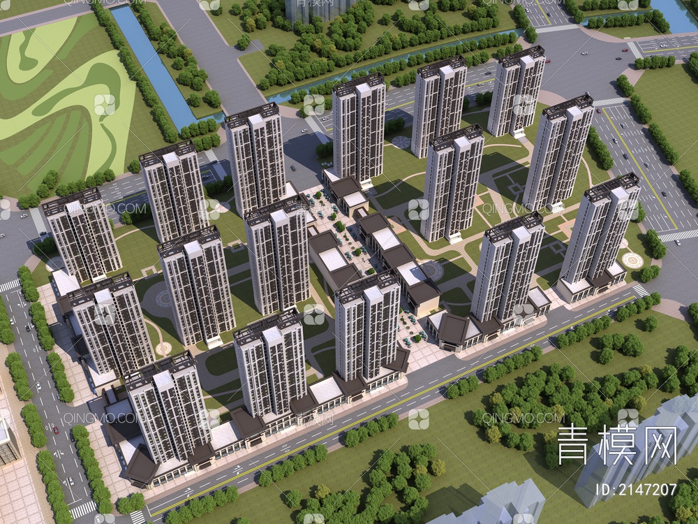 新亚洲住宅小区鸟瞰3D模型下载【ID:2147207】