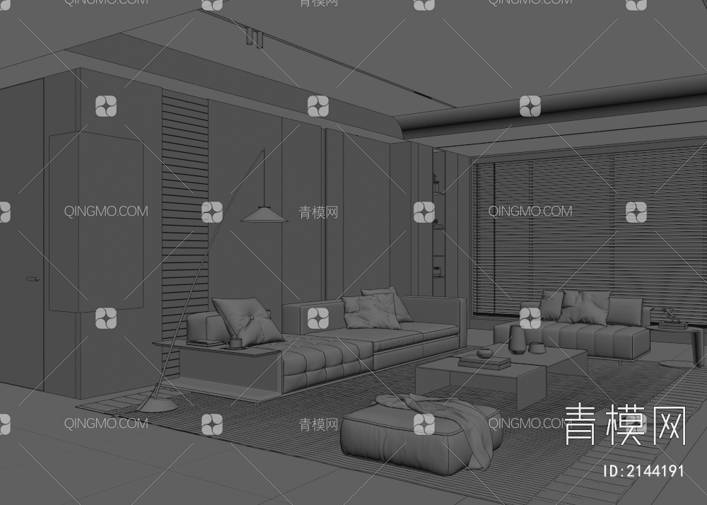 客厅 Minotti沙发组合 三人沙发 单人沙发 茶几 落地灯 百叶帘3D模型下载【ID:2144191】