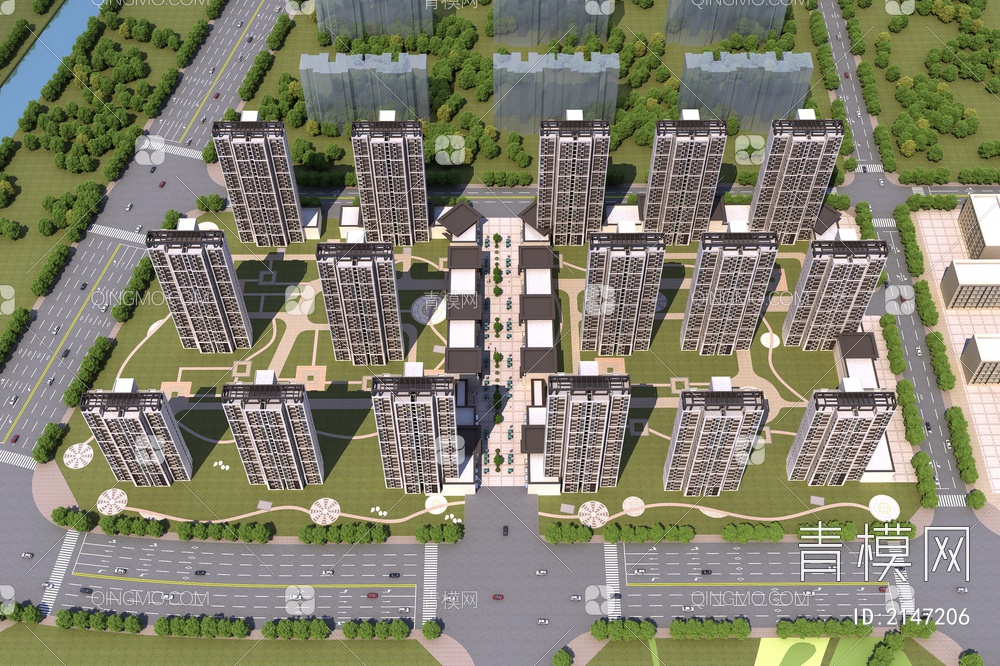 新亚洲住宅小区鸟瞰3D模型下载【ID:2147206】