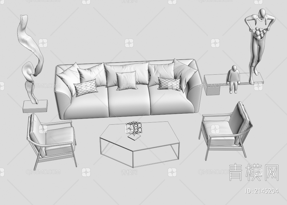 沙发茶几组合  沙发组合  休闲椅  雕塑3D模型下载【ID:2145204】