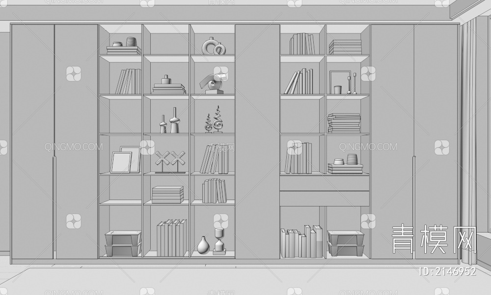 书柜 装饰柜 书柜 书籍组合 书架 摆件 装饰摆件 开放实木书柜3D模型下载【ID:2146952】