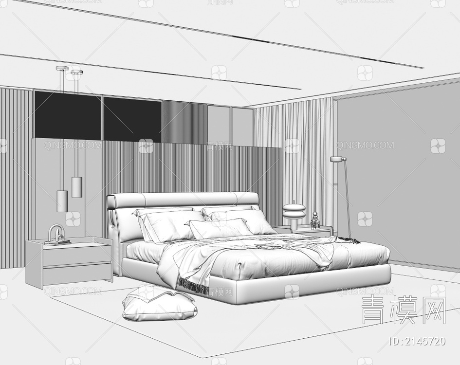 意式双人床 床头柜组合3D模型下载【ID:2145720】