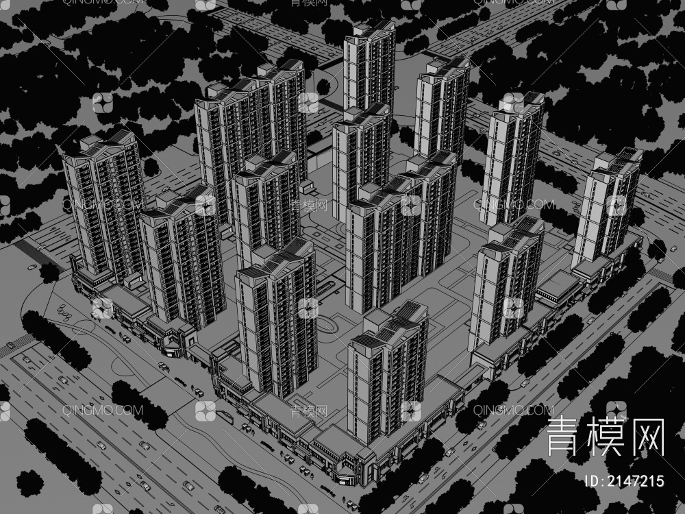 新亚洲住宅小区鸟瞰3D模型下载【ID:2147215】