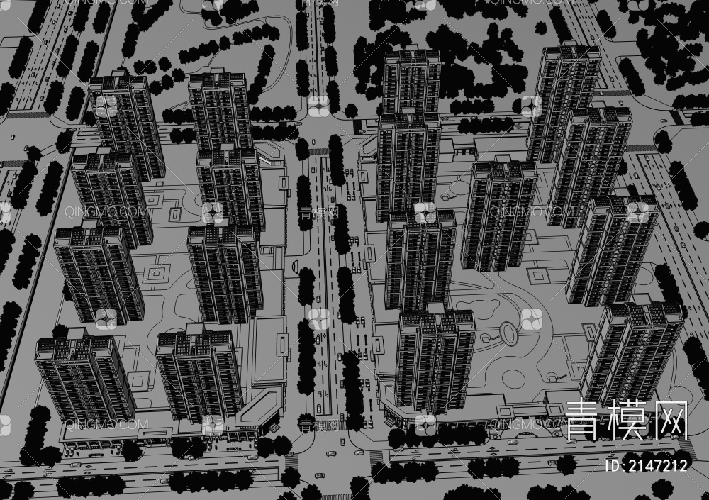 新亚洲住宅小区鸟瞰3D模型下载【ID:2147212】