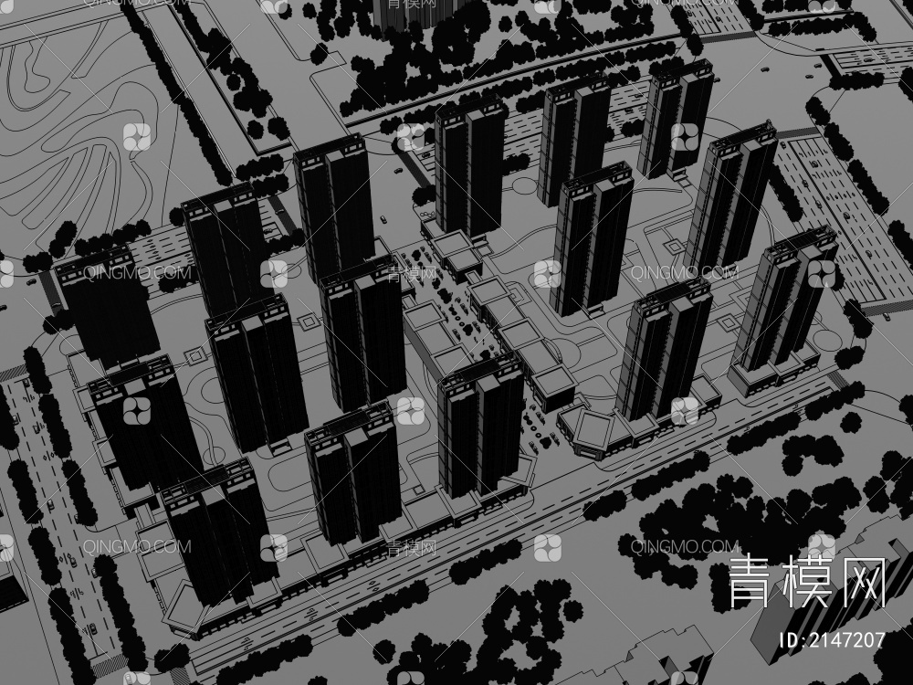 新亚洲住宅小区鸟瞰3D模型下载【ID:2147207】