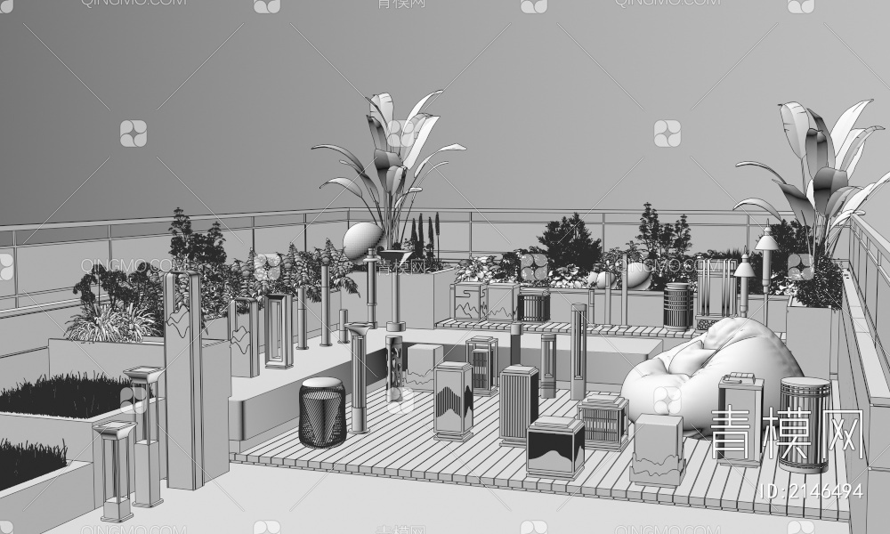 屋顶花园 景观灯组合 植物组合3D模型下载【ID:2146494】