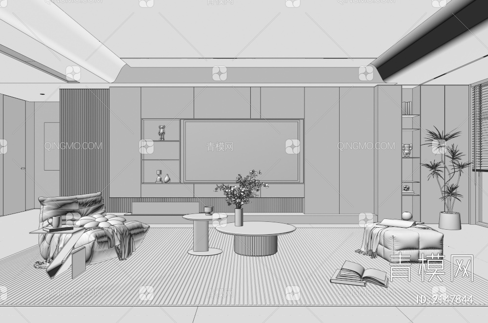家居客厅 电视背景墙 客厅 茶几组合 沙发 电视柜 极简客厅3D模型下载【ID:2147844】
