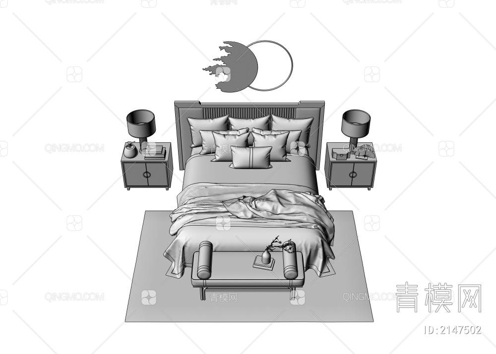 床 双人床   床头柜 台灯   挂件 地毯3D模型下载【ID:2147502】