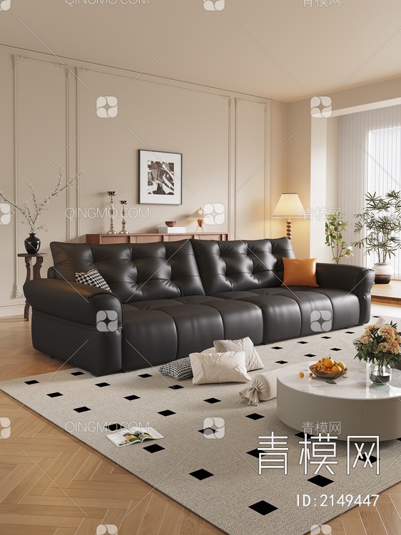 双人沙发 沙发茶几组合 抱枕 柜子 饰品摆件3D模型下载【ID:2149447】