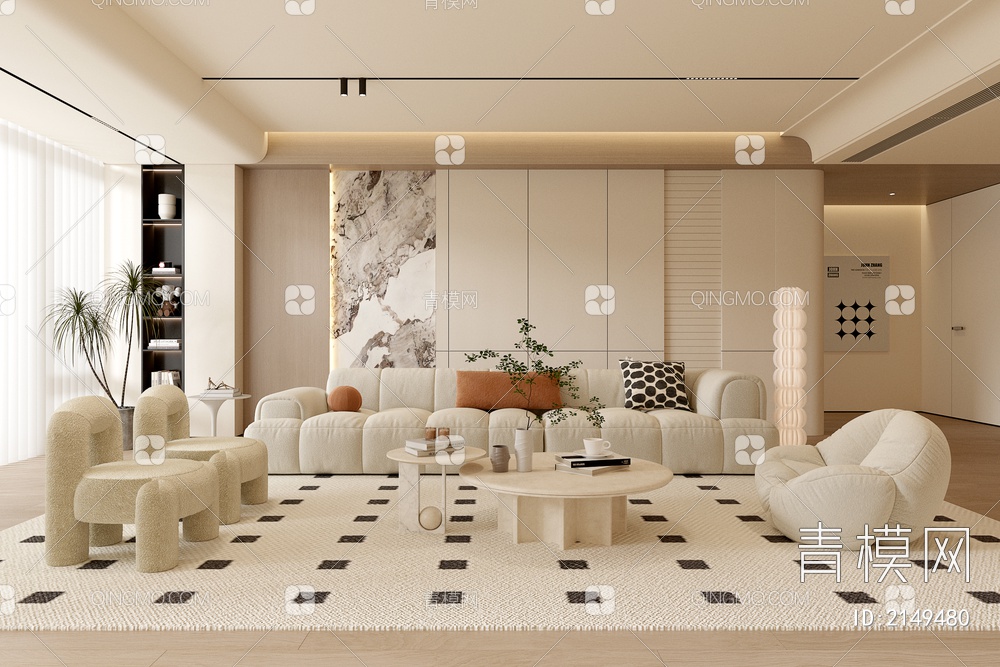 客厅 沙发茶几组合 单人沙发 多人沙发 挂画 落地灯 地毯3D模型下载【ID:2149480】