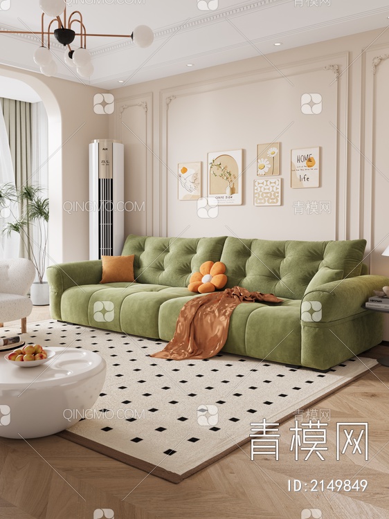 双人沙发 沙发茶几组合 挂画 空调 饰品摆件 抱枕3D模型下载【ID:2149849】