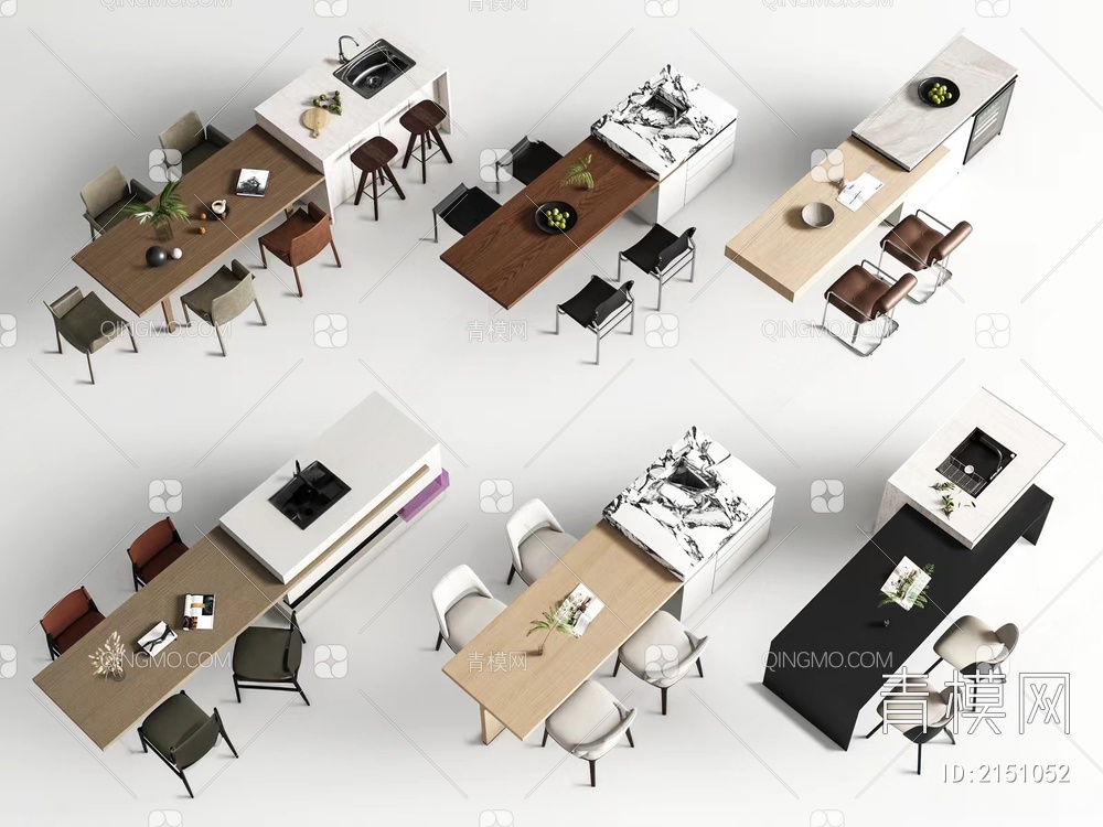 中岛台餐桌椅组合3D模型下载【ID:2151052】