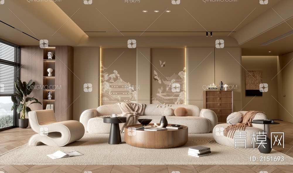 客厅 沙发茶几组合 休闲沙发椅 饰品摆件 背景墙3D模型下载【ID:2151693】
