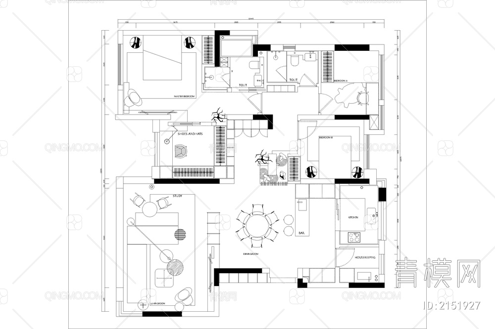 室内家装方案设计PS彩平图PSD平面图CAD户型图配套布局图【ID:2151927】