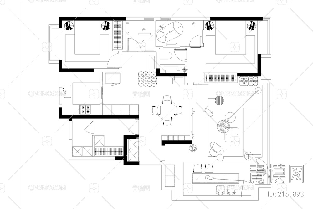 室内家装方案设计PS彩平图PSD平面图CAD户型图配套布局图【ID:2151893】