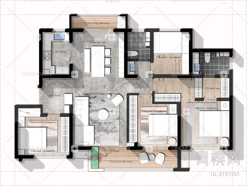 室内家装方案设计PS彩平图PSD平面图CAD户型图配套布局图【ID:2151901】
