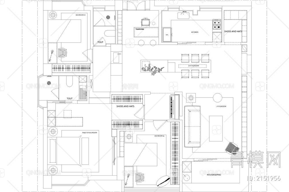 室内家装方案设计PS彩平图PSD平面图CAD户型图配套布局图【ID:2151956】