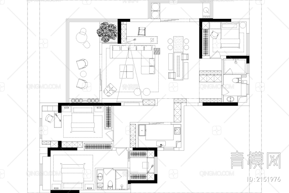 室内家装方案设计PS彩平图PSD平面图CAD户型图配套布局图【ID:2151976】