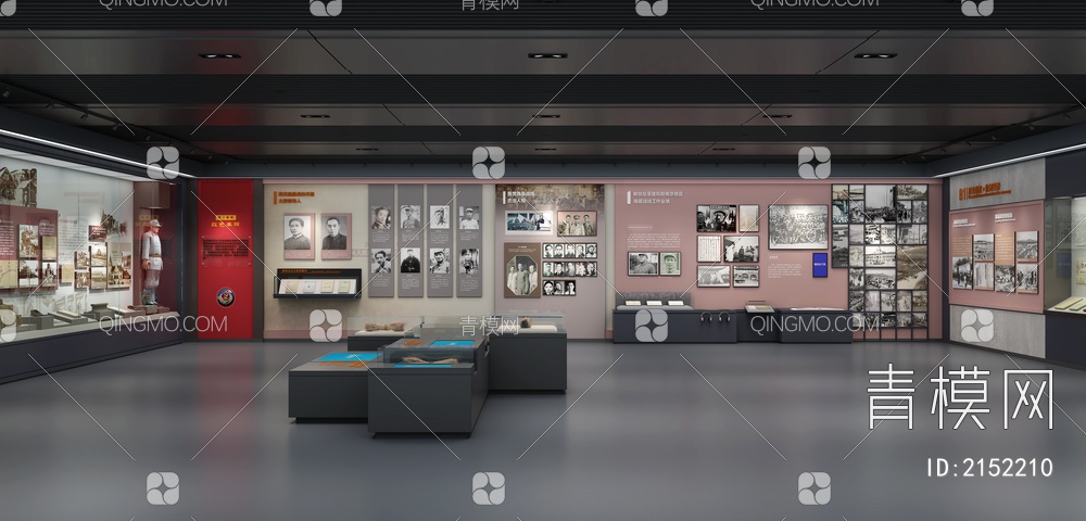 革命展厅 博物馆 党建展厅 展柜 展墙 触摸查询3D模型下载【ID:2152210】