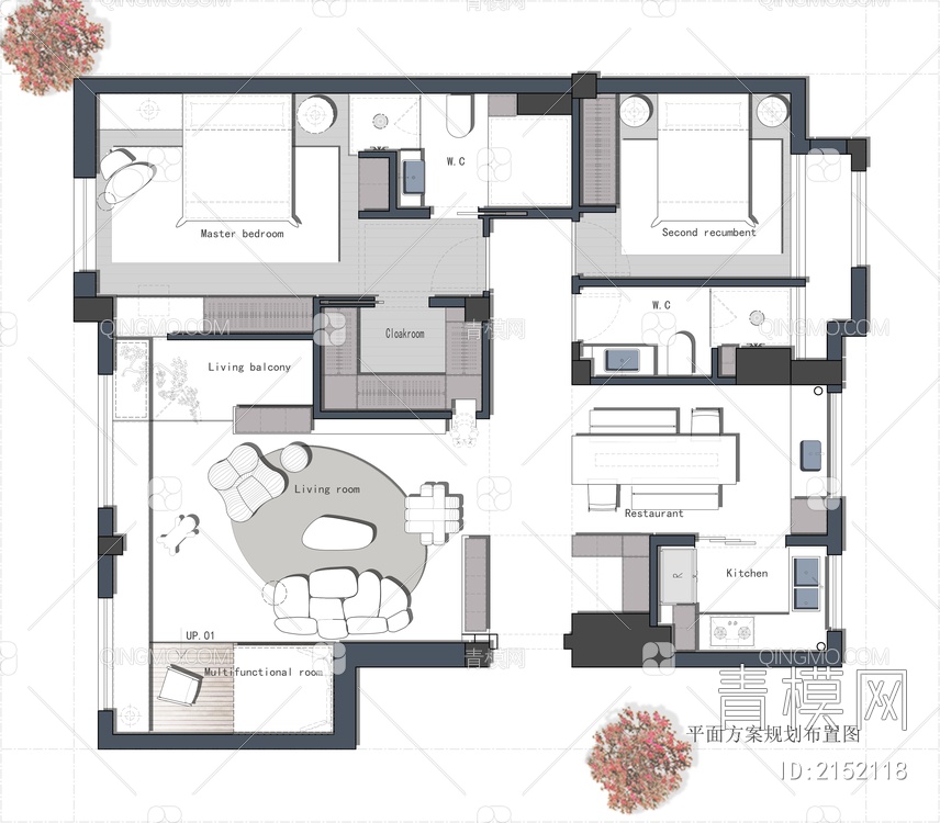 室内家装方案设计PS彩平图PSD平面图CAD户型图配套布局图【ID:2152118】