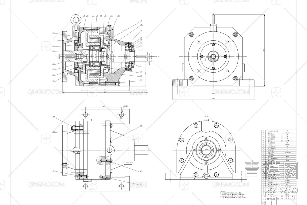 减速箱装配图变速箱变速器二级圆柱齿轮单级减速器总装图【ID:2152870】