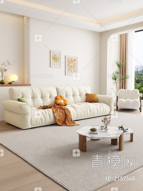 双人沙发 沙发茶几组合 抱枕 单人椅 挂画3D模型下载【ID:2152668】